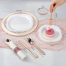 175PCS Gold Plastic Plates 25 Guests, Disposable Dinnerware Sets Include Gold Rim Plastic Plates, 25 Silverwares, 25 Cups, And 25 Pre Rolled Napkins Party, Wedding, Graduation - Rose Gold + 25 Guests Set - View 2
