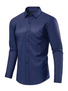 Men's Breathable, Non-Sticky Dress Shirt, Easy To Wash And Dry, Ideal For Work, Meetings, And Everyday Wear - Navy Blue - View 2