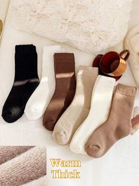 5双装女士加厚保暖袜，纯色宽松堆堆袜，保暖内衬，柔软舒适，褶皱设计，适合室内、睡眠、休闲穿着，冬季5℃以下保暖舒适。