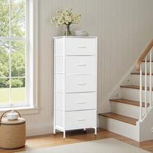 Sweetcrispy 5 Drawer Dresser With Fabric Bins, Sturdy Steel Frame And Wood Top, Storage Organizer Chest For Bedroom, Closet, Hallway, White - 白色 - 查看 8