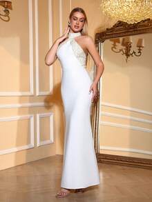 Love Aing 女士手工镶钻露背珍珠装饰奢华正式晚礼服/婚礼宾客/伴娘/派对/宴会优雅美人鱼连衣裙 - 白色 - 查看 4