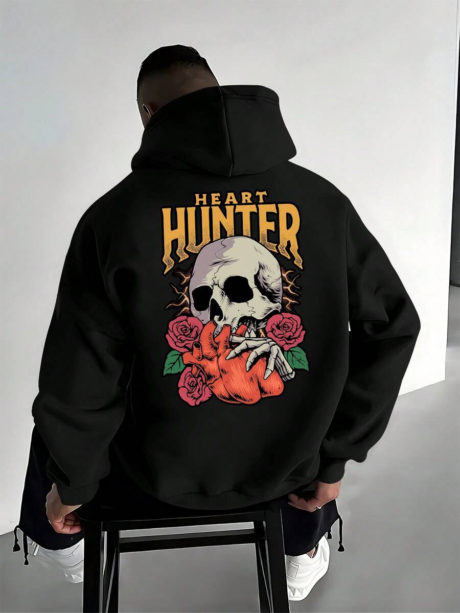 Sudadera con Capucha de Calavera y Rosa Gótica para Hombre - Beige con Estampado en la Espalda, Estilo Heavy Metal, Sudadera con Capucha Lavable a Máquina, Suéter Cálido de Invierno con Bolsillos para Uso Casual y Conciertos - Negro - Ver 1