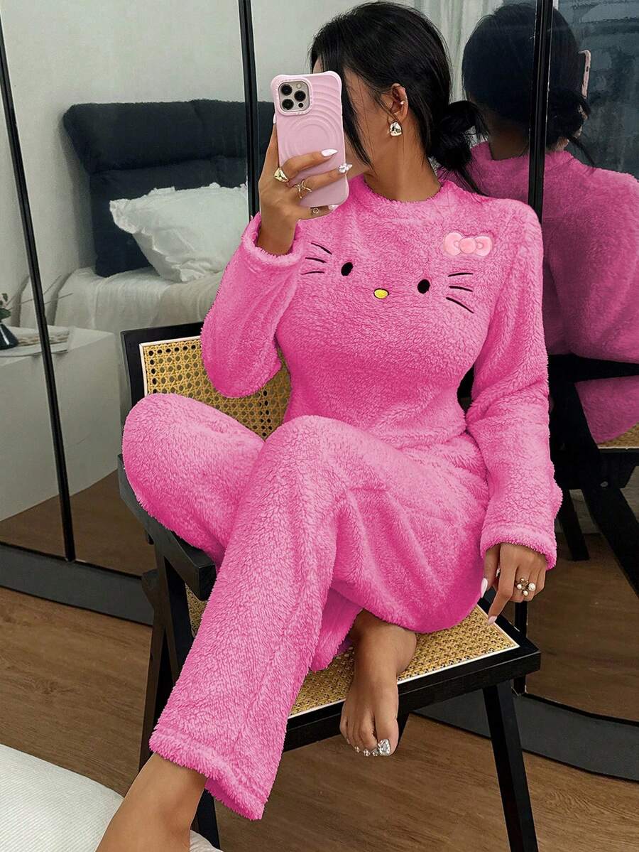 SANRIO 联名款女士舒适双面绒刺绣 Hello Kitty 猫咪短款上衣和休闲家居裤两件套 - 玫紅色 - 查看 1