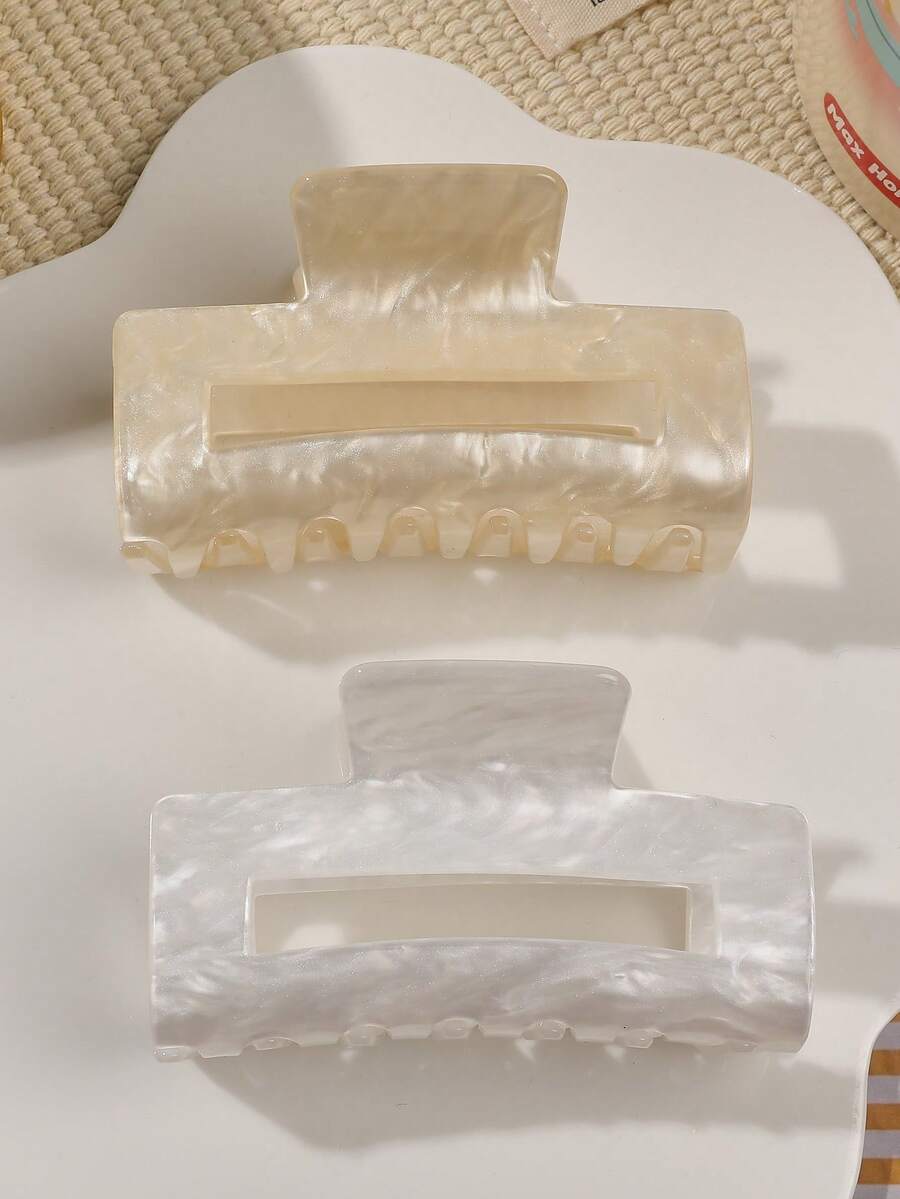 2件套简约优雅果冻大理石纹黄白镂空方形发爪复古百搭发饰，秋冬发夹冬季发爪夹 - 2件套-方形黃白 - 查看 1