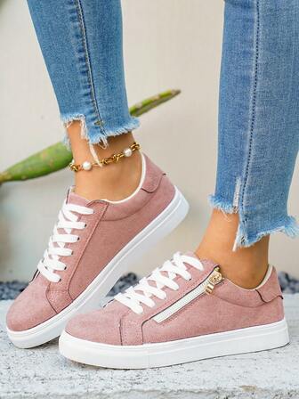 Dam nya rosa ormskinnsmönster klassiska sidodragkedja casual skor, moderiktiga mångsidiga snörningsskor, tjocka sulor för studenter, löpning, vandring, skateboardåkning