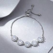 925纯银奢华闪亮锆石几何圆形可调节女士手链，适合婚礼、派对、节日、日常佩戴，也是馈赠亲友、圣诞节、万圣节、情人节、生日等场合的理想之选 - 附赠精美礼盒 - 銀色 - 查看 1