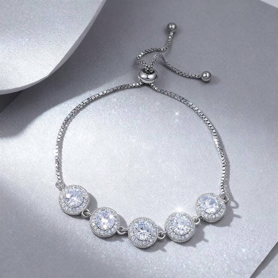 925纯银奢华闪亮锆石几何圆形可调节女士手链，适合婚礼、派对、节日、日常佩戴，也是馈赠亲友、圣诞节、万圣节、情人节、生日等场合的理想之选 - 附赠精美礼盒 - 銀色 - 查看 1