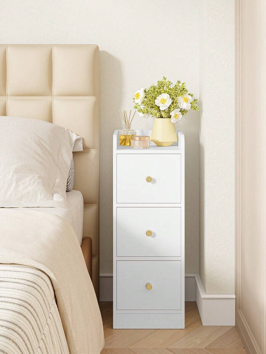HEXCELEN Narrow Bedside Table, Side Table With 3 Drawers, Bedside Tables With Open Compartment, For Narrow Rooms, Bedroom, Living Room, 30 X 24 X 60 Cm, White With Wood Grain - trắng - Xem 1