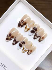 Ten Handcrafted Almond-Shaped Nail Art Pieces, Featuring Hand-Painted And Sculpted French Floral Designs, 3D Tropical Floral Carvings, And A Press-On Style. These Are High-Quality, Elegant, And Minimalist Nail Art Designs Made Of Acrylic For Autumn. - Multicolor - View 12