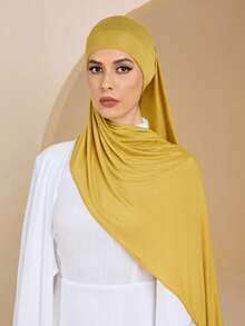 1pc Soft Solid Color Jersey Hijab, Silk Blend Scarf, Muslim Headscarf - Yellow - View 2