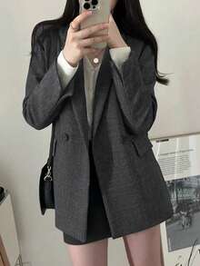 Vintage Casual Minimalist Notch Lapel Double-Breasted Loose Blazer Jacket, Fall/Winter