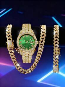 3 件欧美时尚嘻哈水钻 12 毫米手链、项链、石英腕表套装，男士街头风格配饰 - 金黃色 - 查看 18