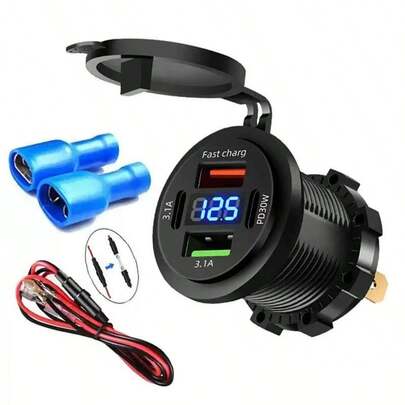 Cargador de 120W ultra rápido, enchufe de 4 puertos, cargador rápido dual PD de 12-24V-40V, equipado con 4 puertos USB - Adecuado para autos portátiles, motocicletas, y varios dispositivos, portátil y fácil de transportar, cargador de motocicleta | Estación de carga compacta | Enchufe de carga de coche PD30W con pantalla digital de voltaje