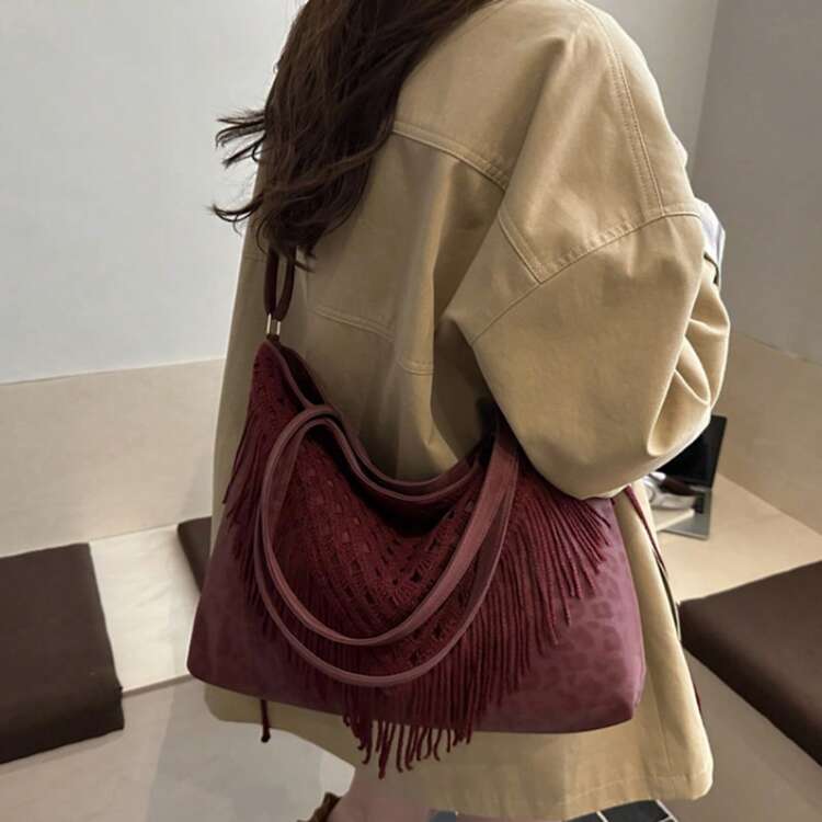 Bolso de hombro de gran capacidad para mujer, con intrincados detalles de borlas tejidas, elegante bolso de mano para uso diario, viajes y actividades al aire libre. - Rojo - Añade 3