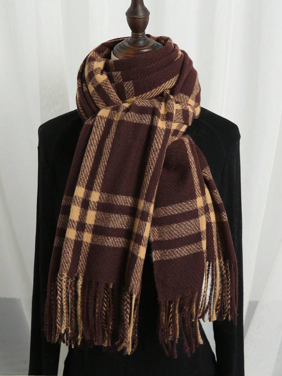 1件女士时尚韩版格子围巾，秋冬保暖时尚流苏学生围巾，加厚长款围巾，男士情侣披肩， - 咖色 - 查看 1