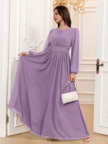 Volly Toych 淡紫色优雅A字型圆领长袖及地雪纺伴娘礼服，婚礼宾客礼服，无衬里袖子 - 淺灰紫 - 查看 4