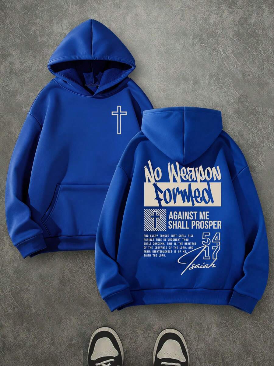 'No Weapon Formed Against Me Shall Prosper' Unisex Christian Hoodie, Christian Scripture Hoodie, Double Sided Printed (250g Polyester Fiber) Long Sleeve Fleece Hoodie, Christian Gifts, Casual Athletic Fall Hoodie, Men And Women's Long Sleeve Fleece Hoodie For Autumn And Winter, An Ultra-Soft And Comfortable Gift - 寶藍色 - 查看 1