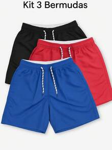 Kit Of 3 Men's Spandex Shorts With Pockets, Adult Style, Surf, Beach, Pool, Quick-Drying, Gym, Workout - 黑色/紅色/皇家 - 查看 1