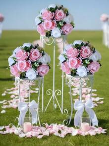 2 Packs Artificial Flower Ball Arrangement Bouquet, 15 Heads Plastic Roses With Base, Suitable For Wedding Centerpiece Flower Rack For Parties Valentine's Day Home Decor - 粉紅白色 - 查看 4