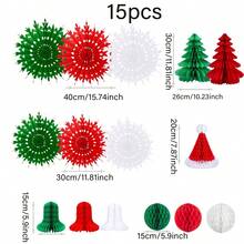 Conjunto de 14/15/6 peças - Conjunto de lanternas de papel para pendurar no Natal, com estampas natalinas em vermelho, verde e branco, lanternas em formato de pinheiro, lanternas em formato de chapéu de Papai Noel e pingentes de leque de papel. Ideais para decorar festas de Natal, jardins e casas. - Multicolorido - Ver 4