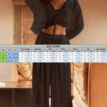 Women Deep V Lace Long Sleeve Top And Pants Set, Elegant 2 Piece Outfit For Party Or Evening - 黑色 - 查看 6