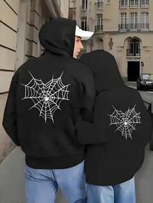 Creative Heart-Shaped Spider Web Pattern Printed Fashionable Couple Hoodie, Autumn And Winter Drawstring Casual Hooded Zipper Couple Sportswear - 's Clothing - View 1