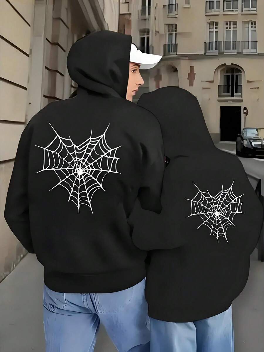 Creative Heart-Shaped Spider Web Pattern Printed Fashionable Couple Hoodie, Autumn And Winter Drawstring Casual Hooded Zipper Couple Sportswear - 's Clothing - View 1