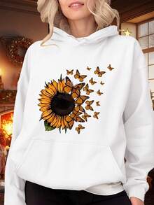 Resyla Cute Cat & Heart Print Women Hooded Long Sleeve Sweatshirt, Casual Hoodie For AutumnWinter - White - View 1