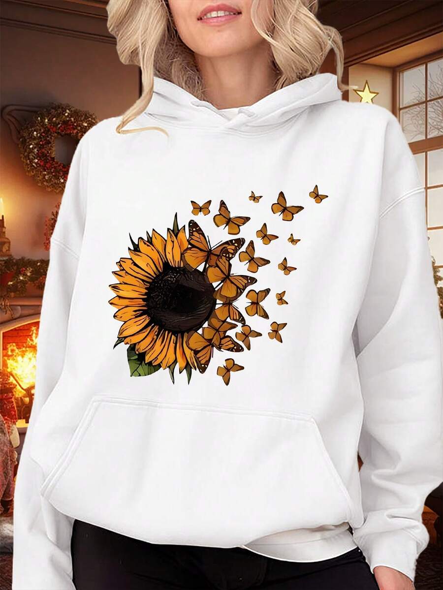 Resyla Cute Cat & Heart Print Women Hooded Long Sleeve Sweatshirt, Casual Hoodie For AutumnWinter - White - View 1