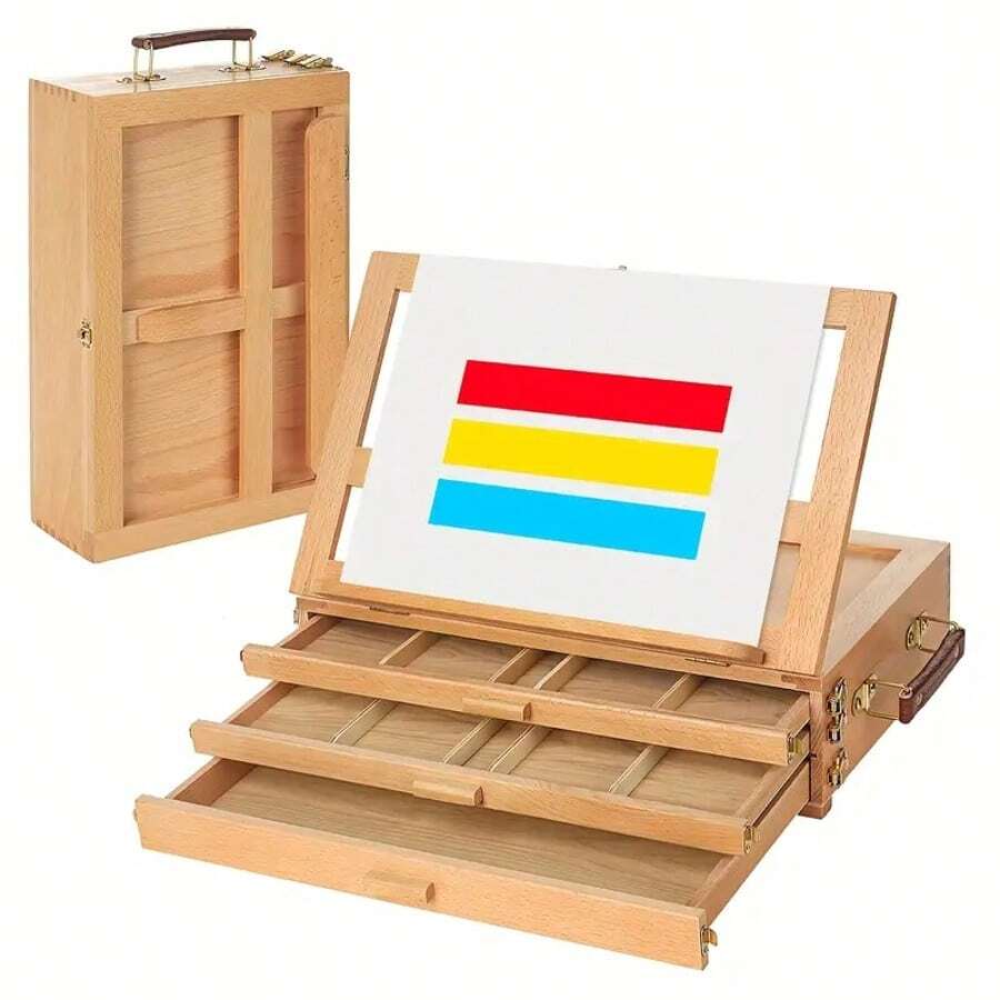 1pc Estuche Portátil de Madera para Artistas con Caballete Plegable y Soporte para Libros - Caja Multifuncional Ajustable de Roble Sólido con 3 Cajones para Almacenar Pinturas, Marcadores y Bolígrafos, Organizador de Escritorio para Hogar y Principiantes
