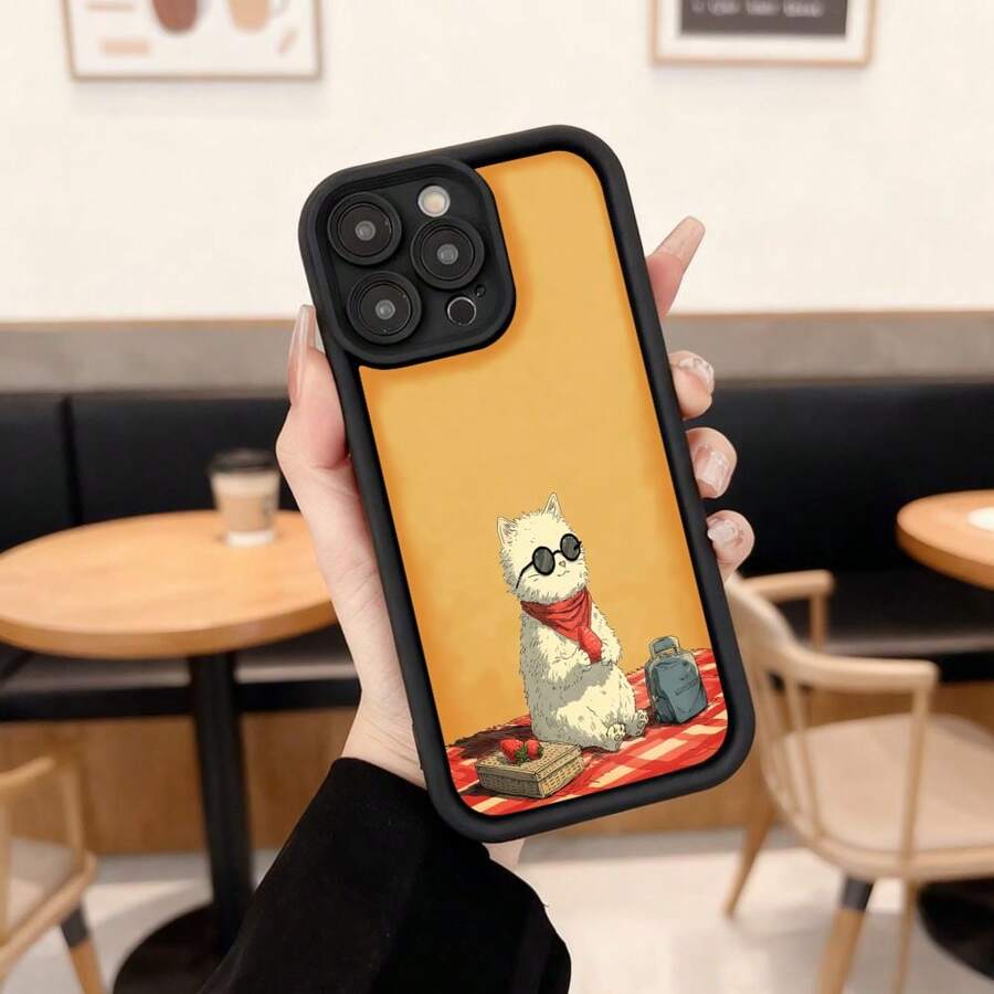 Cubierta de teléfono con borde negro y parte trasera naranja con estampado de gato blanco con gafas de sol pañuelo rojo y maleta sobre mantel a cuadros para uso diario en cafeterías Aplicable a los teléfonos de la serie Apple y Galaxy - Burdeos - Ver 1