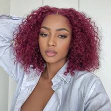 ownvmor 8-16 Inches Kinky Curly Wig Glueless Wig Curly Headband Wigs For Women Human 200% Density Burgundy 99J Deep Wave Blend Human Hair Wigs 13x4 Lace Front Wigs Human Hair Put On And Go Curly Bob Glueless Wigs Natural Color Black Wig Beginner Friendly Wear And Go Headband Deep Curly Wig No Glue Blended Human Hair Wig For Daily Use - 酒紅色 - 查看 3