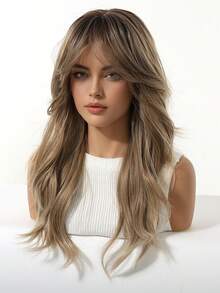 20 Inch Long Straight Blonde Wig With Bangs, Middle Part Layered, Dark Roots, Heat Resistant Synthetic Fiber Wig, Suitable For Daily Wear And Parties, 20 Inch/51cm - Ombre - View 5