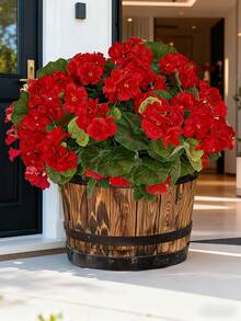 1pc Artificial Geraniums For Outdoor Decoration. Silk Geranium Flowers That Are Resistant To UV Rays And Have A Realistic Appearance. They Are Artificial Plants Suitable For Use In Outdoor Flower Pots, Front Gardens, Terraces, Balconies, Courtyards, And Porches. They Are Suitable For Home And Garden Decoration Throughout The Four Seasons. Red And White. - Multicolor - View 5