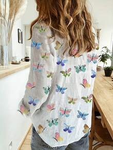 Women's Cotton Linen Blouse With Long Sleeves, Plus Size - Branco-w4 - View 3