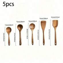 5pcs Wooden Spoons, Sturdy Wooden Kitchen Utensils With A Box, Lightweight And Heat Resistant, Kitchen Supplies Baking Accessories - 咖啡棕 - 查看 2
