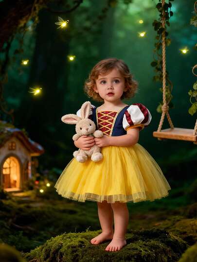 Vestido de fiesta de princesa con mangas abullonadas de tul para bebé niña