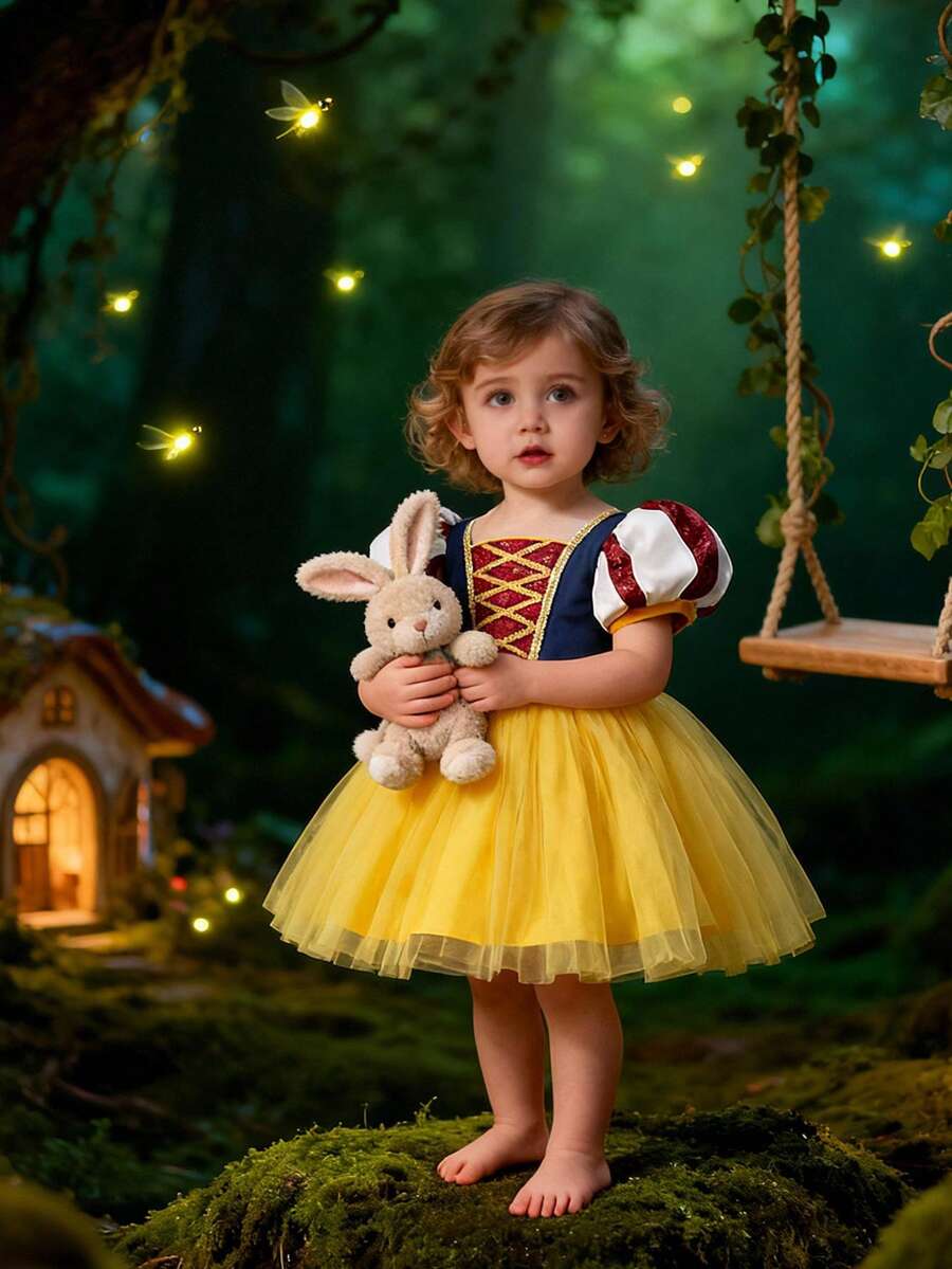 女婴泡泡袖公主薄纱派对连衣裙 - 黃色 - 查看 1