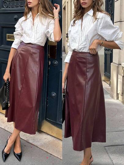 优雅女士纯色PU皮拉链半身裙，派对半身裙，冬季外出半身裙，秋冬季，红色半身裙，女士红色半身裙，女士休闲半身裙