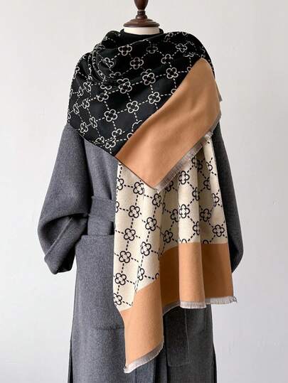 1 件女士仿羊绒花卉提花保暖围巾披肩，适合秋冬季日常使用