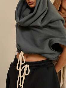 Áo crop top không tay có mũ trùm đầu dành cho nữ, dệt kim, có dây rút và viền bó sát, mang đến vẻ ngoài thời trang - Màu xám đen - Xem 3
