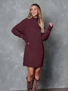 2026 Women's Casual Knit Dress Sweater Dresses For Women  Fall Fashion Mock Neck Long Lantern Sleeve Oversized Outfits Knit Tops Clothes ​ , Bodycon Long Sleeve ​ For Sports Outdoor Wear, Loose Fit Long Sleeve Comfy Daily Outfits For Women - 酒紅色 - 查看 2