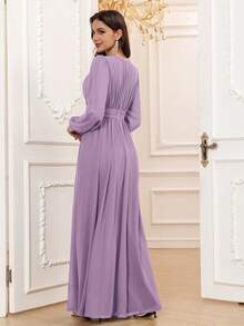 Volly Toych 淡紫色优雅A字型圆领长袖及地雪纺伴娘礼服，婚礼宾客礼服，无衬里袖子 - 淺灰紫 - 查看 3