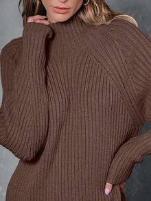 2026 Women's Casual Knit Dress Sweater Dresses For Women  Fall Fashion Mock Neck Long Lantern Sleeve Oversized Outfits Knit Tops Clothes ​ , Bodycon Long Sleeve ​ For Sports Outdoor Wear, Loose Fit Long Sleeve Comfy Daily Outfits For Women - 棕色 - 查看 6