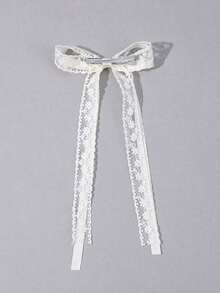 2pcs Flower Lace Hair Bows For Girls Beige Ribbon Bow Alligator Clips With Long Tail Elegant Wedding Hair Clip Mother's Day Vacation Barrettes Holiday Gift Kids Hair Accessories - 米色 - 查看 3