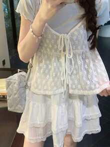 分层蕾丝荷叶边吊带背心 - 白色 - 查看 6