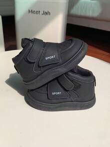 1-8岁儿童休闲厚底黑色面包鞋，软底舒适轻便男女通用酷炫黑色运动鞋，魔术贴方便穿脱防滑耐穿儿童休闲鞋，秋冬季 - 黑色 - 查看 2