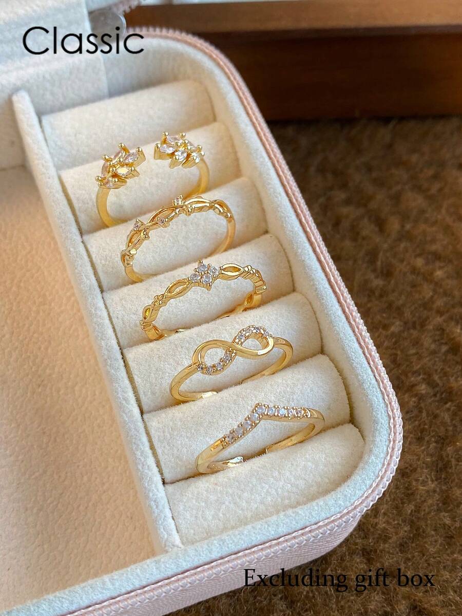 5件套奢华优雅独特精致叶子设计戒指套装，适合日常、约会、休闲、节日礼物、度假，女士铜质微镶嵌合成锆石（不含礼盒）