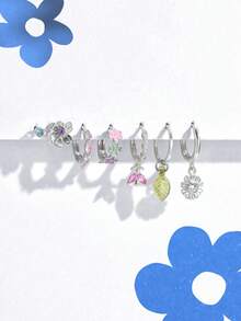 7 st/set eleganta blommiga färgglada zirkoniaörhängen, lämpliga för fest, högtid, dejt eller bröllop - Silver - Visa 2