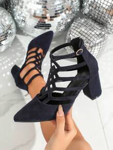 Pointed Toe Fashionable Elegant Solid Color Rhombus Pattern Hollow Out Stylish Club Party Women High Heel Sandals - Blue - View 1
